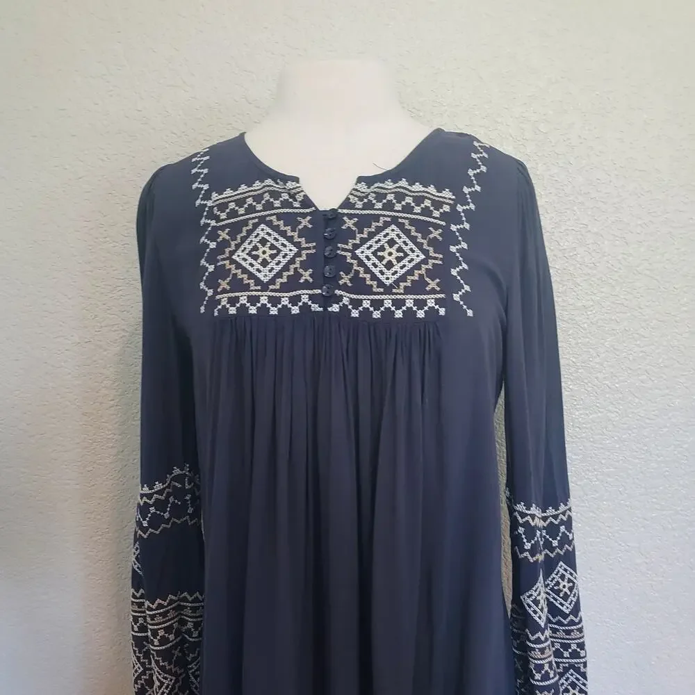 Monoreno Blue Embroidered Long Sleeve Tunic Dress Size M